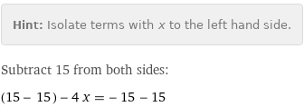 Hint: | Isolate terms with x to the left hand side.
Subtract 15 from both sides:
(15 - 15) - 4 x = -15 - 15